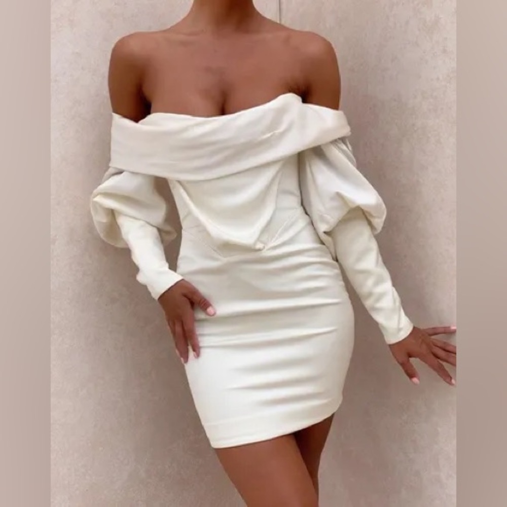 House of CB white Santana satin mini dress with puff sleeve and ruched detail - Picture 3 of 9